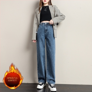 Női farmernadrág széles lábszárú, magas derekú, pamut denim 70–80%, japán-koreai lazább stílus, téli 2022