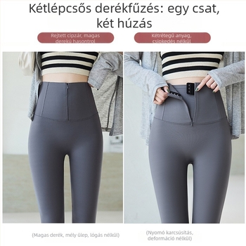Női jóga nadrág, magas derekú, gombos záródású, zipzár, fleece béléses, téli modell, 3/4 hossz