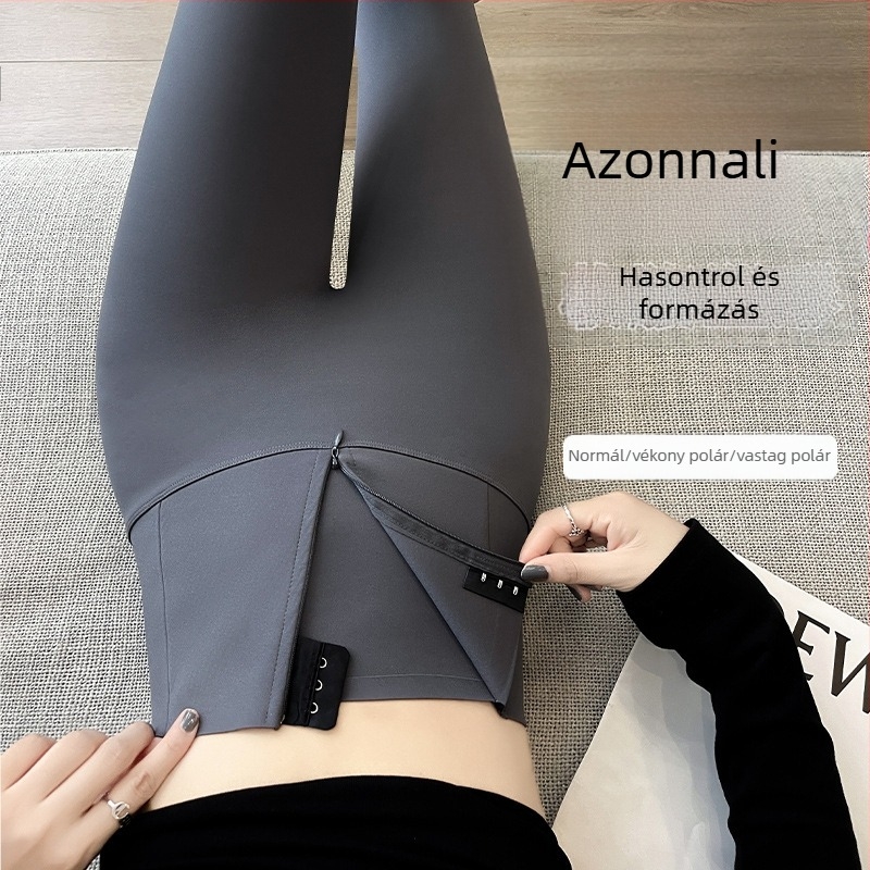 Női jóga nadrág, magas derekú, gombos záródású, zipzár, fleece béléses, téli modell, 3/4 hossz