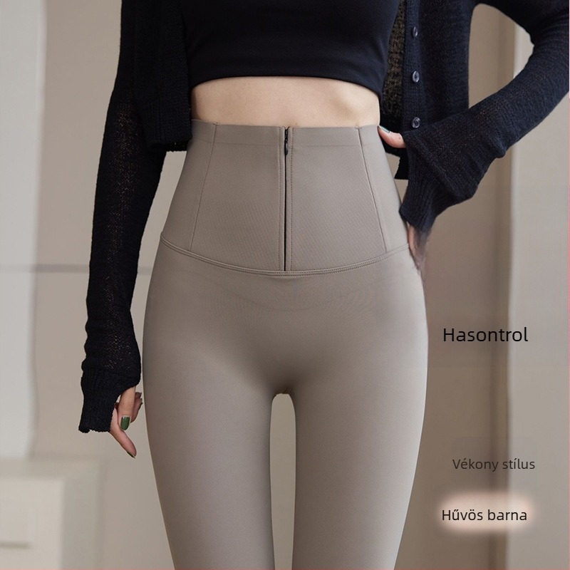 Női jóga nadrág, magas derekú, gombos záródású, zipzár, fleece béléses, téli modell, 3/4 hossz