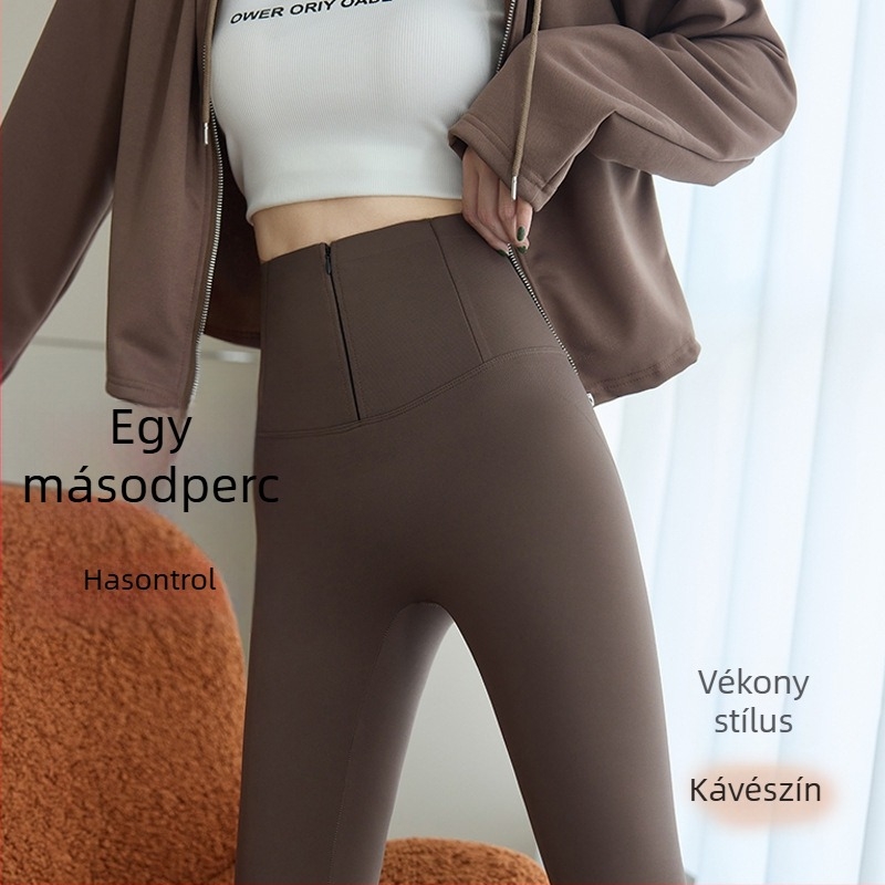 Női jóga nadrág, magas derekú, gombos záródású, zipzár, fleece béléses, téli modell, 3/4 hossz