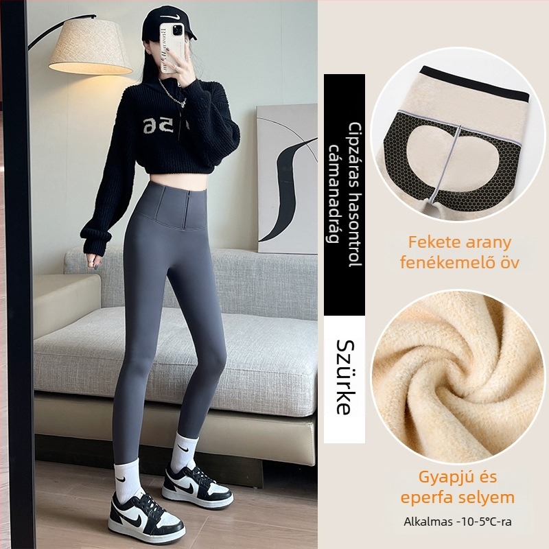 Női jóga nadrág, magas derekú, gombos záródású, zipzár, fleece béléses, téli modell, 3/4 hossz