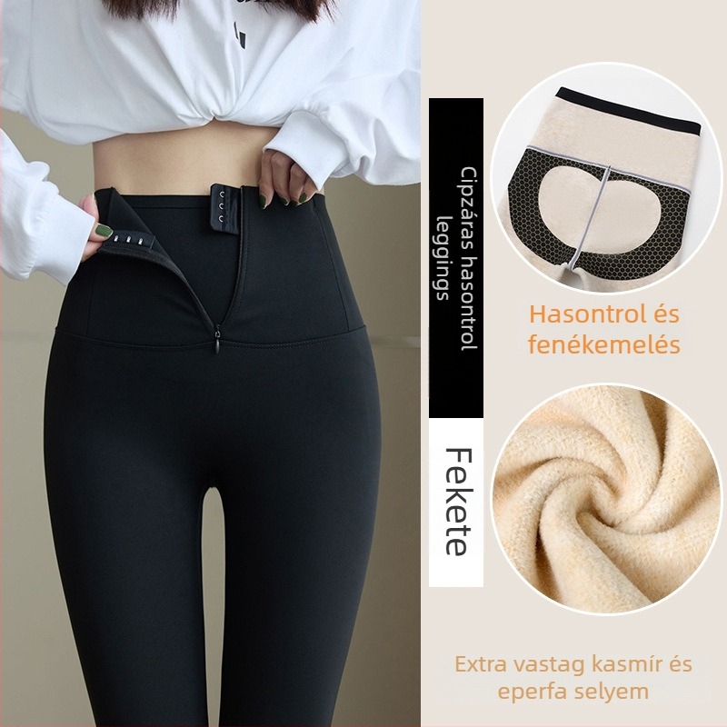 Női jóga nadrág, magas derekú, gombos záródású, zipzár, fleece béléses, téli modell, 3/4 hossz