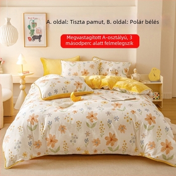 A-kategóriás kétoldalas ágyneműkészlet: egyik oldal 100% pamut, másik oldal tejbarna velúr textúra, fleece-béléssel, négy darab