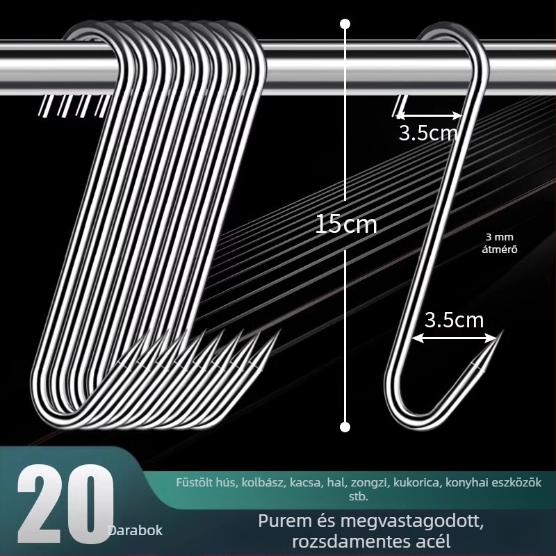Rozsdamentes acélból készült S-alakú húskakasztó, lógatható húsokhoz, halhoz és kolbászokhoz, elektrolit bevonattal, 170 g, modern minimalist stílus