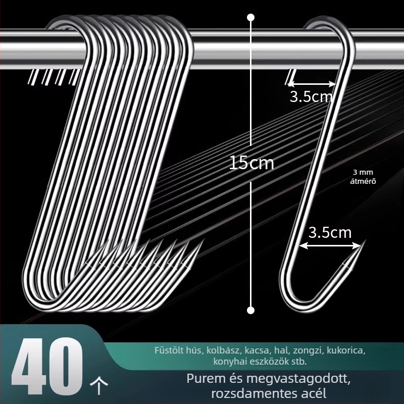 Rozsdamentes acélból készült S-alakú húskakasztó, lógatható húsokhoz, halhoz és kolbászokhoz, elektrolit bevonattal, 170 g, modern minimalist stílus