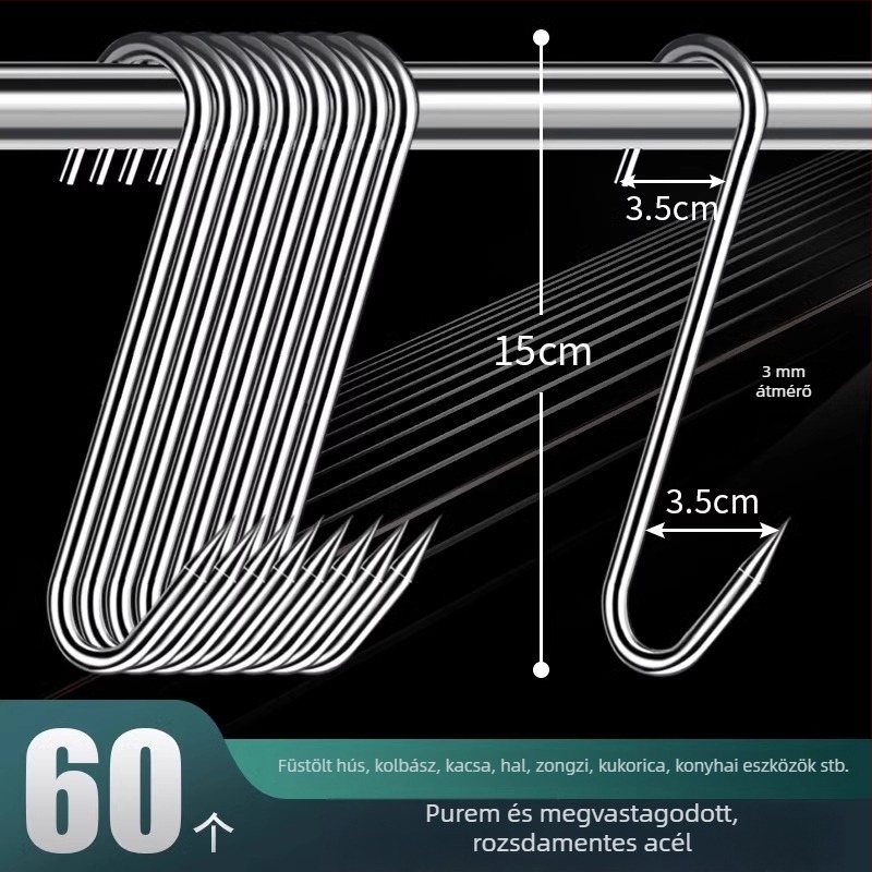 Rozsdamentes acélból készült S-alakú húskakasztó, lógatható húsokhoz, halhoz és kolbászokhoz, elektrolit bevonattal, 170 g, modern minimalist stílus