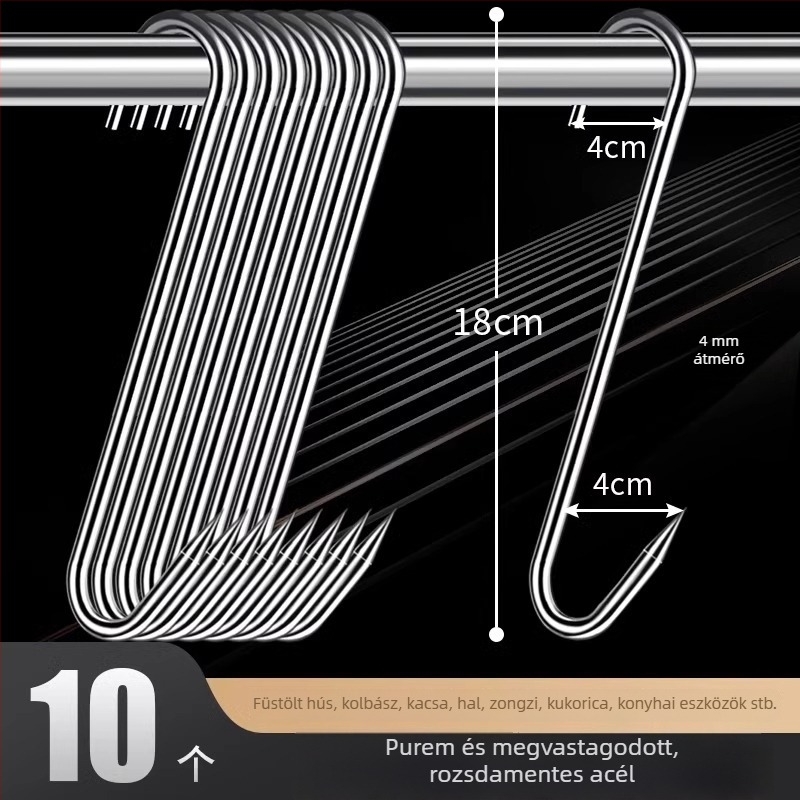 Rozsdamentes acélból készült S-alakú húskakasztó, lógatható húsokhoz, halhoz és kolbászokhoz, elektrolit bevonattal, 170 g, modern minimalist stílus