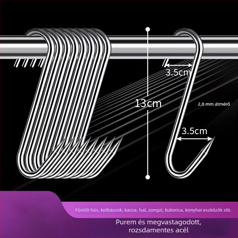 Rozsdamentes acélból készült S-alakú húskakasztó, lógatható húsokhoz, halhoz és kolbászokhoz, elektrolit bevonattal, 170 g, modern minimalist stílus