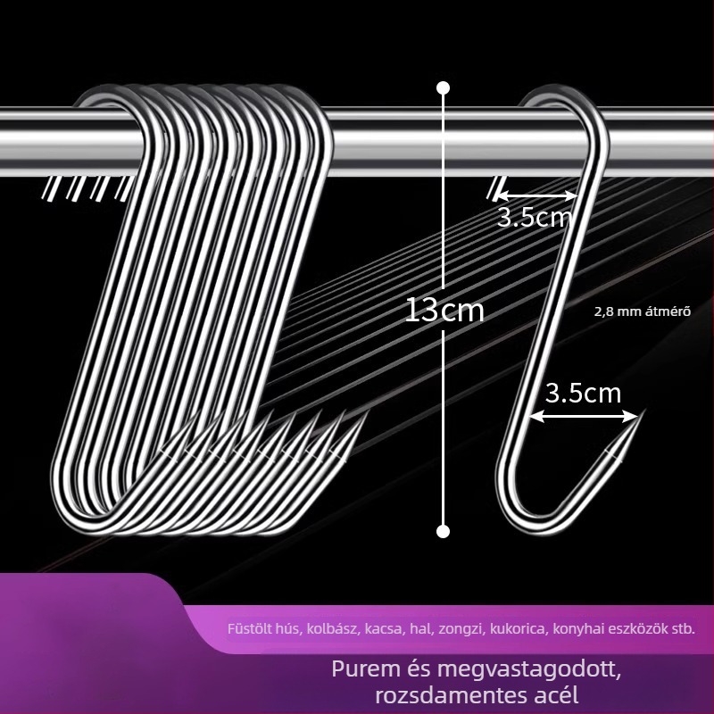 Rozsdamentes acélból készült S-alakú húskakasztó, lógatható húsokhoz, halhoz és kolbászokhoz, elektrolit bevonattal, 170 g, modern minimalist stílus