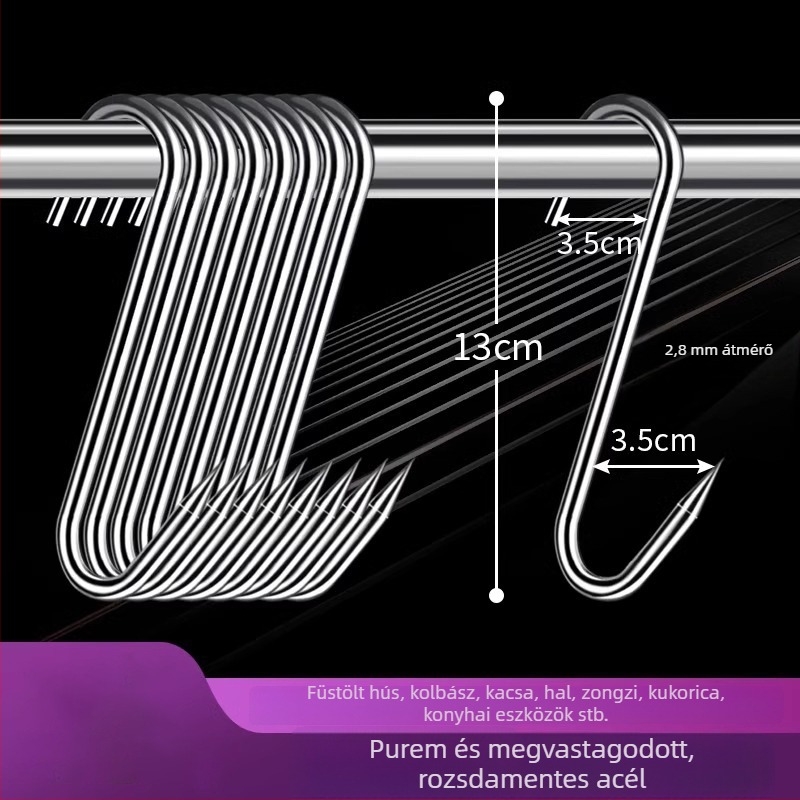 Rozsdamentes acélból készült S-alakú húskakasztó, lógatható húsokhoz, halhoz és kolbászokhoz, elektrolit bevonattal, 170 g, modern minimalist stílus