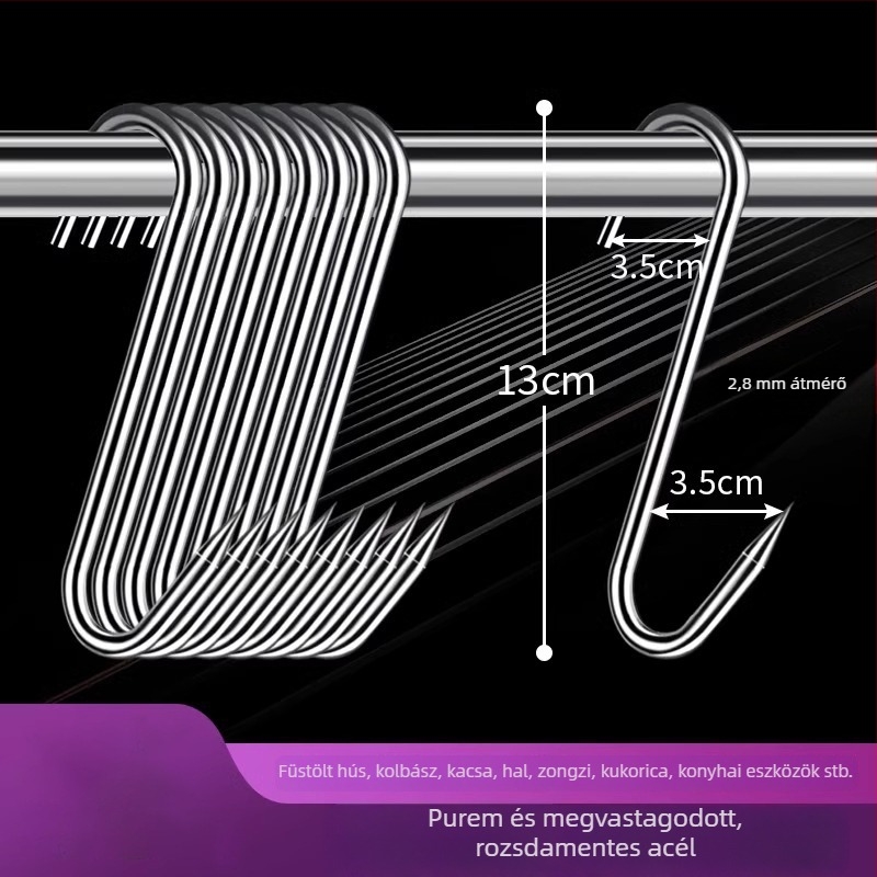 Rozsdamentes acélból készült S-alakú húskakasztó, lógatható húsokhoz, halhoz és kolbászokhoz, elektrolit bevonattal, 170 g, modern minimalist stílus