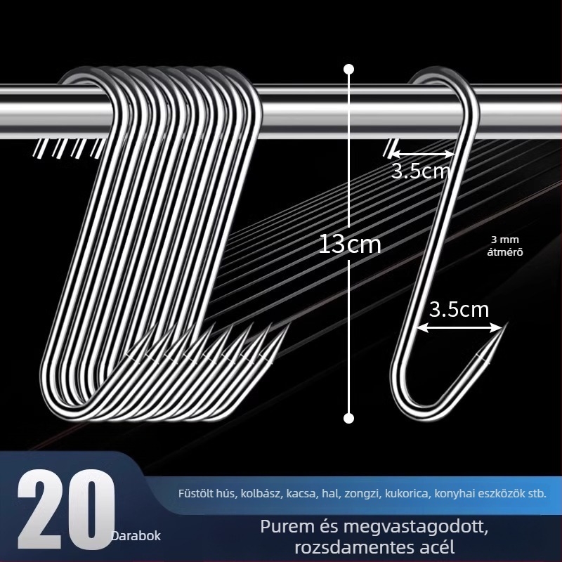 Rozsdamentes acélból készült S-alakú húskakasztó, lógatható húsokhoz, halhoz és kolbászokhoz, elektrolit bevonattal, 170 g, modern minimalist stílus