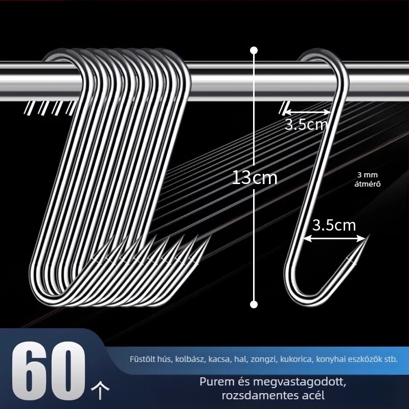 Rozsdamentes acélból készült S-alakú húskakasztó, lógatható húsokhoz, halhoz és kolbászokhoz, elektrolit bevonattal, 170 g, modern minimalist stílus