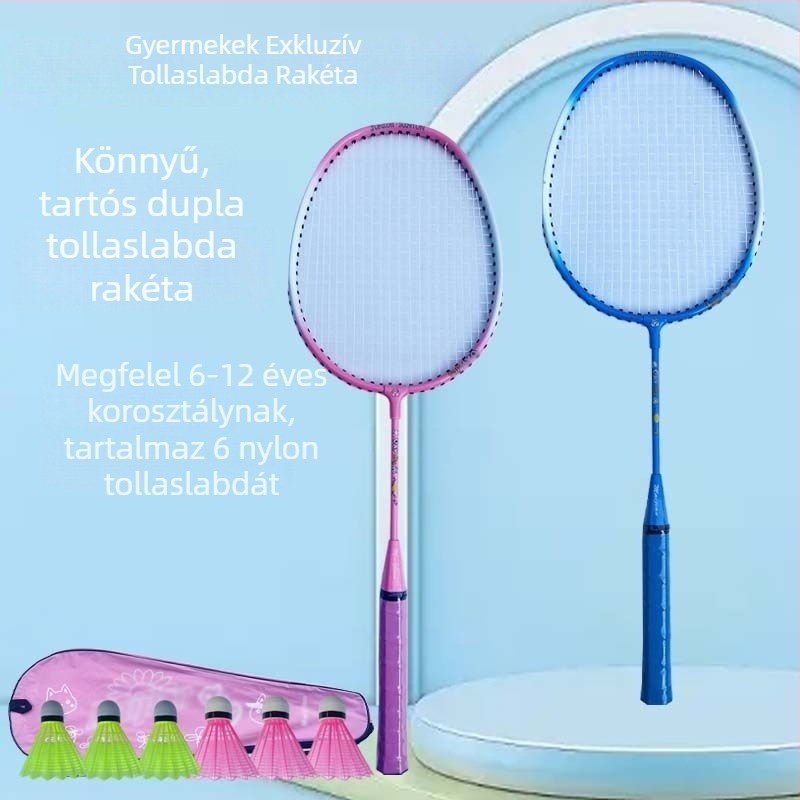 Gyerekeknek szóló tollaslabda rakéta, karbonváz, rostszálas húrok, súly 95–100 g, közepes merevség