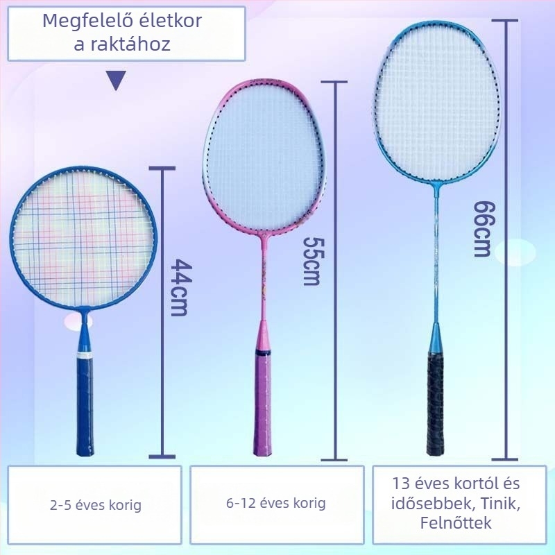 Gyerekeknek szóló tollaslabda rakéta, karbonváz, rostszálas húrok, súly 95–100 g, közepes merevség