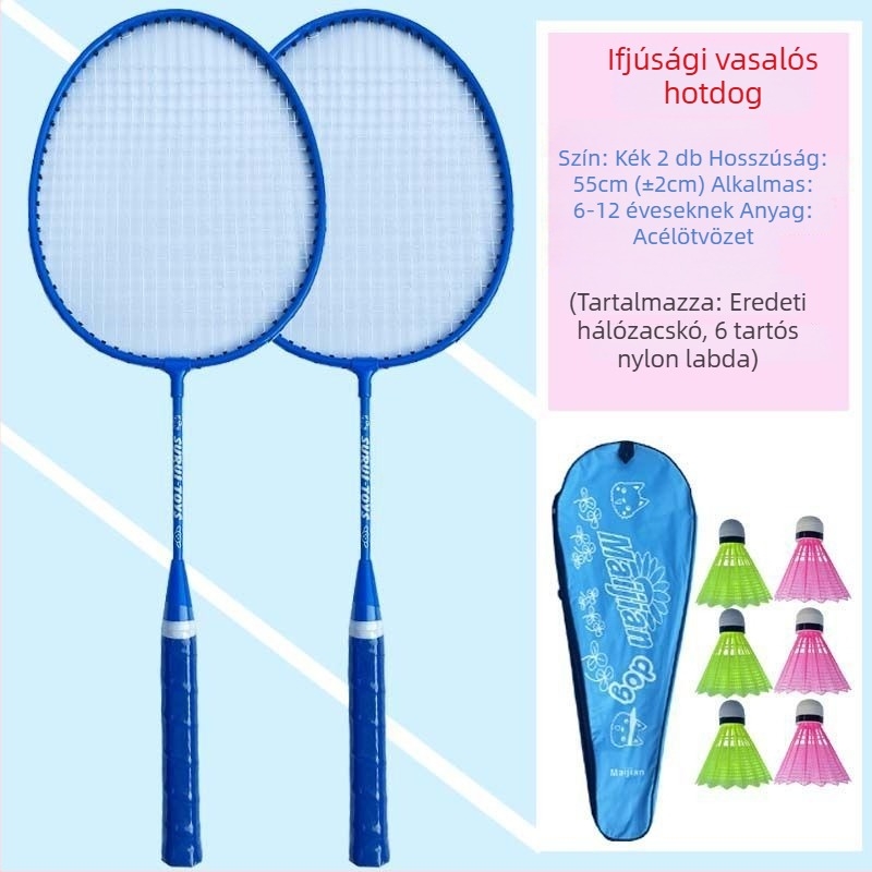 Gyerekeknek szóló tollaslabda rakéta, karbonváz, rostszálas húrok, súly 95–100 g, közepes merevség