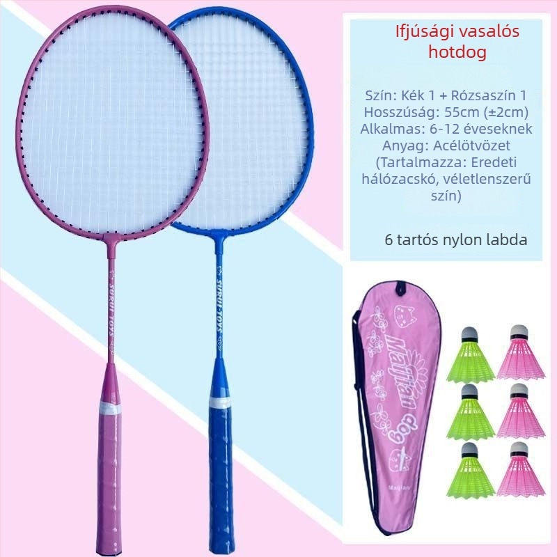 Gyerekeknek szóló tollaslabda rakéta, karbonváz, rostszálas húrok, súly 95–100 g, közepes merevség