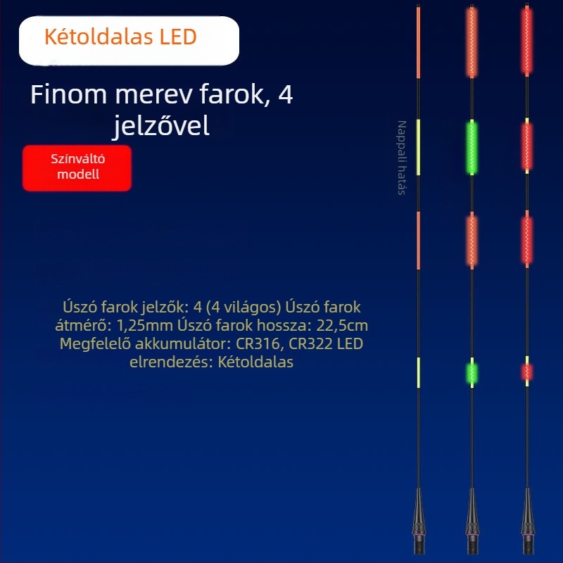 LED világító horgászúszó hosszú dobásokhoz, vastagított kivitel, színváltozás a kapásnál, széles farok