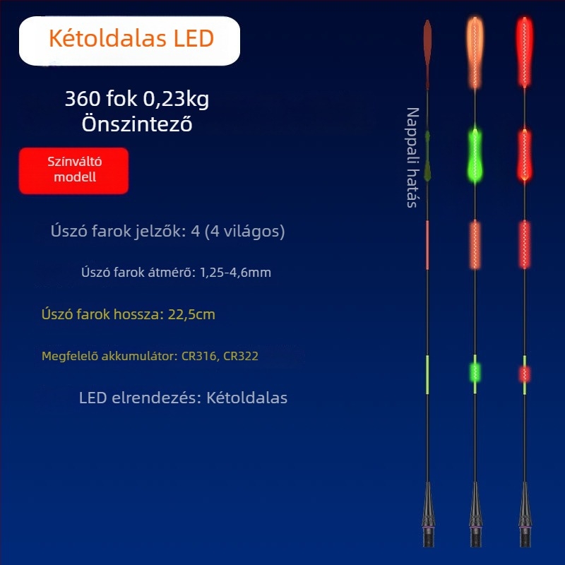 LED világító horgászúszó hosszú dobásokhoz, vastagított kivitel, színváltozás a kapásnál, széles farok
