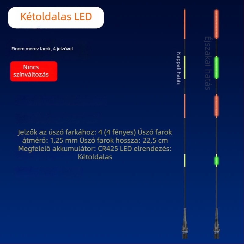 LED világító horgászúszó hosszú dobásokhoz, vastagított kivitel, színváltozás a kapásnál, széles farok