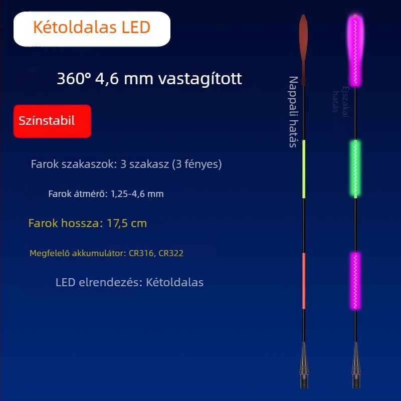 LED világító horgászúszó hosszú dobásokhoz, vastagított kivitel, színváltozás a kapásnál, széles farok