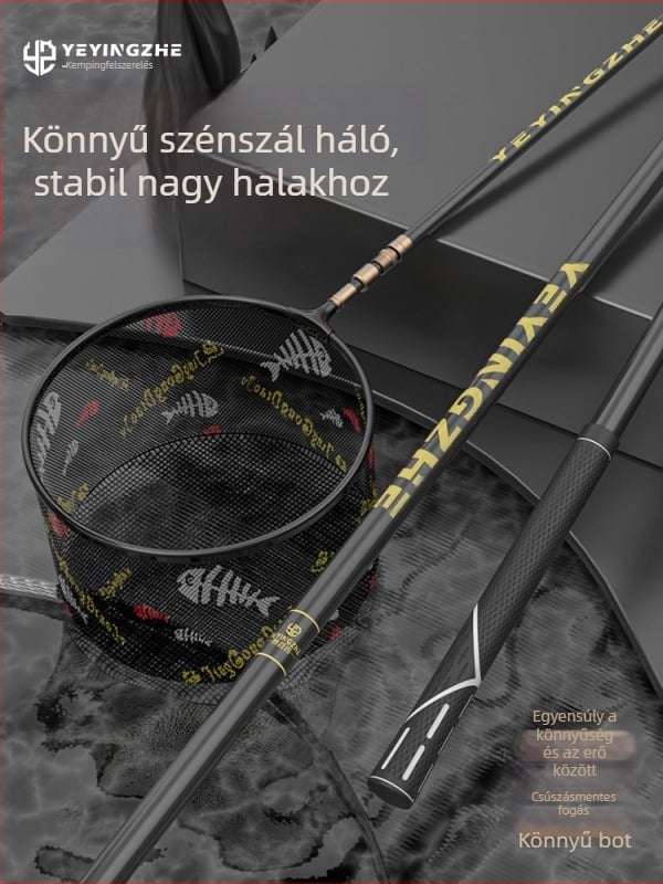 Szénszálas teleszkópos halászháló szett – ultra-könnyű, merev, vékony szemű hálóval, összecsukható, teherbírás 100 kg