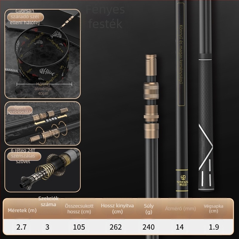 Szénszálas teleszkópos halászháló szett – ultra-könnyű, merev, vékony szemű hálóval, összecsukható, teherbírás 100 kg