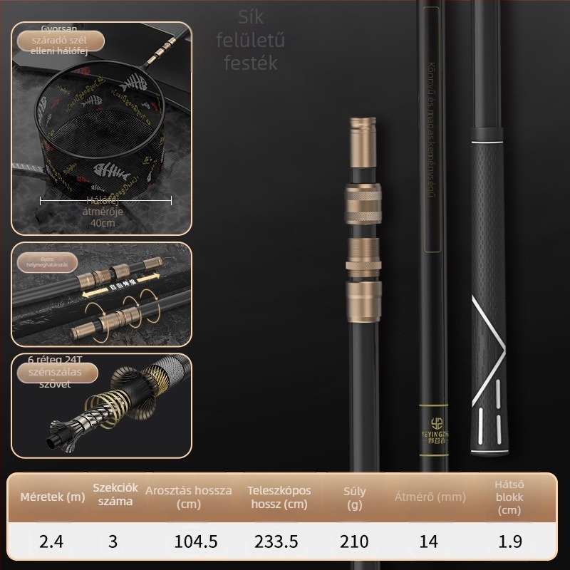 Szénszálas teleszkópos halászháló szett – ultra-könnyű, merev, vékony szemű hálóval, összecsukható, teherbírás 100 kg