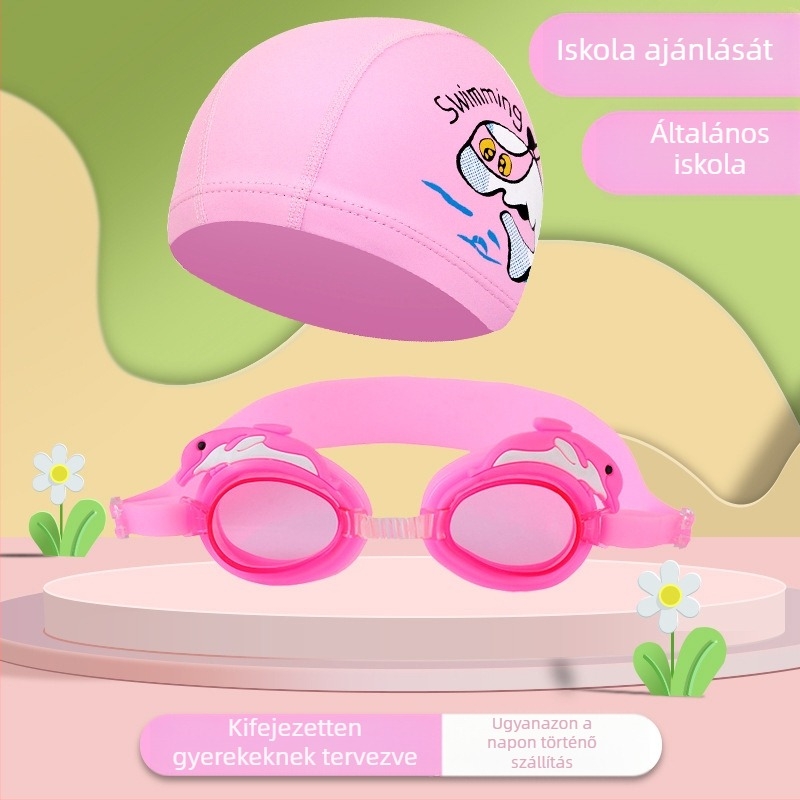 Gyerekeknek szánt úszószemüveg karikatúra dizájnnal, PC lencsékkel, vízálló és páramentes, tartozékként úszósapkával