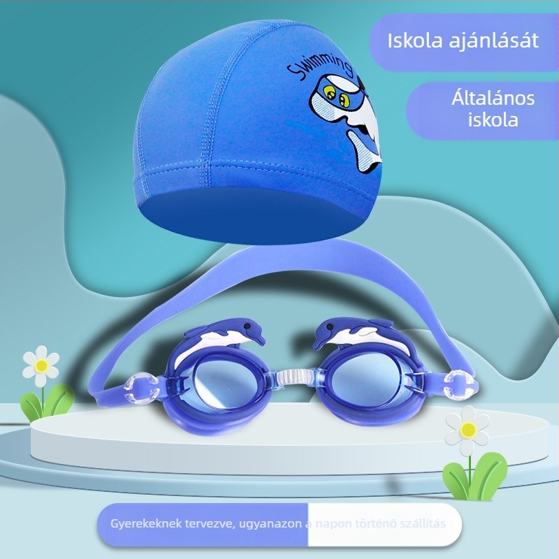 Gyerekeknek szánt úszószemüveg karikatúra dizájnnal, PC lencsékkel, vízálló és páramentes, tartozékként úszósapkával
