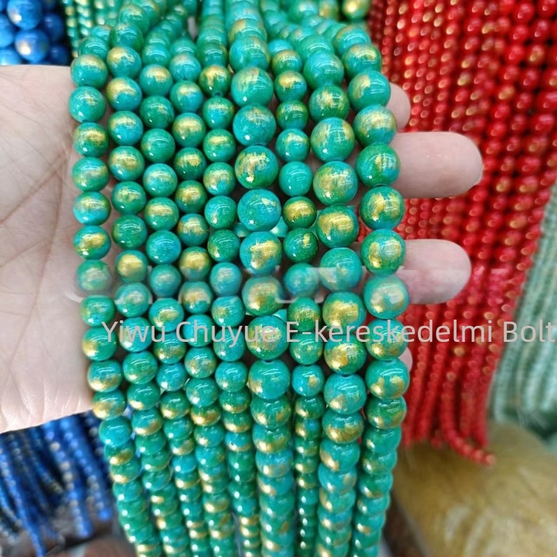 Aranyozott tónusú körkörös természetes kő gyöngyök, 8 mm, achát és jade gyöngyök, szabad gyöngyök DIY karkötőkhöz