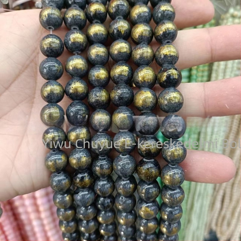 Aranyozott tónusú körkörös természetes kő gyöngyök, 8 mm, achát és jade gyöngyök, szabad gyöngyök DIY karkötőkhöz