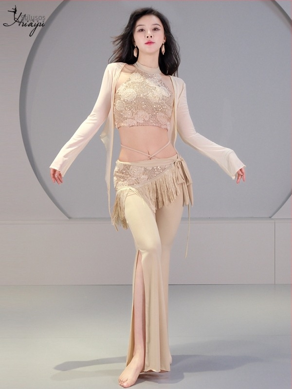 Belly dance jelmez szett 3D pailettes virággal, kristályos pamut és háló, fő anyag spandex, 2023 nyár, 25–29 éves nőknek