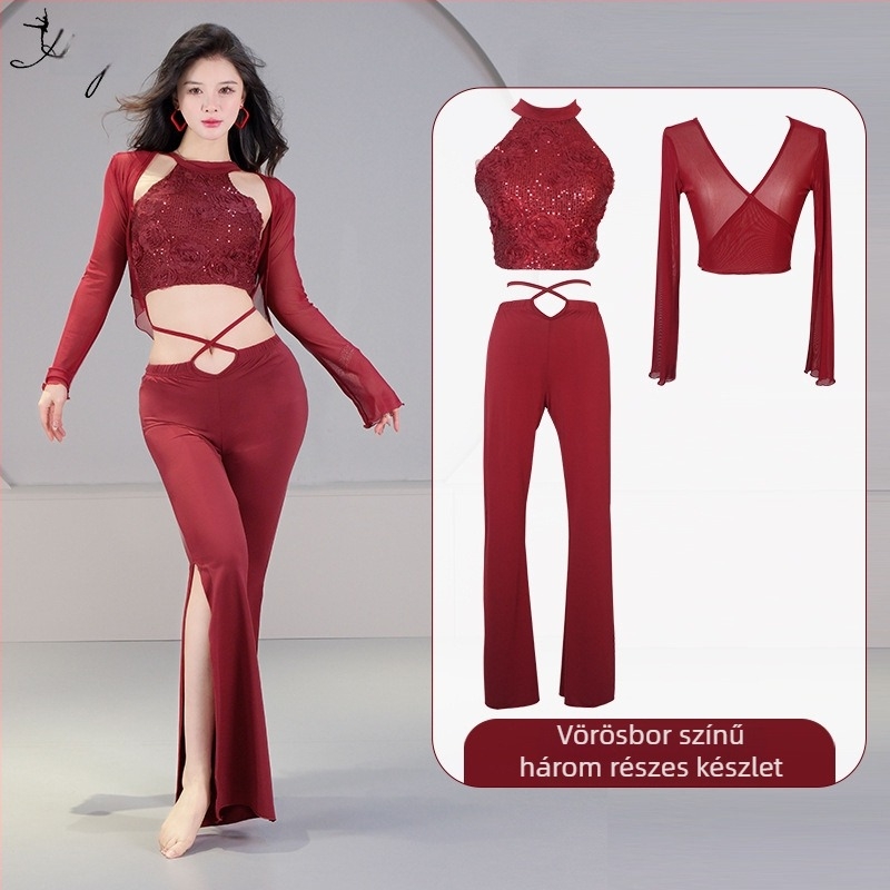 Belly dance jelmez szett 3D pailettes virággal, kristályos pamut és háló, fő anyag spandex, 2023 nyár, 25–29 éves nőknek