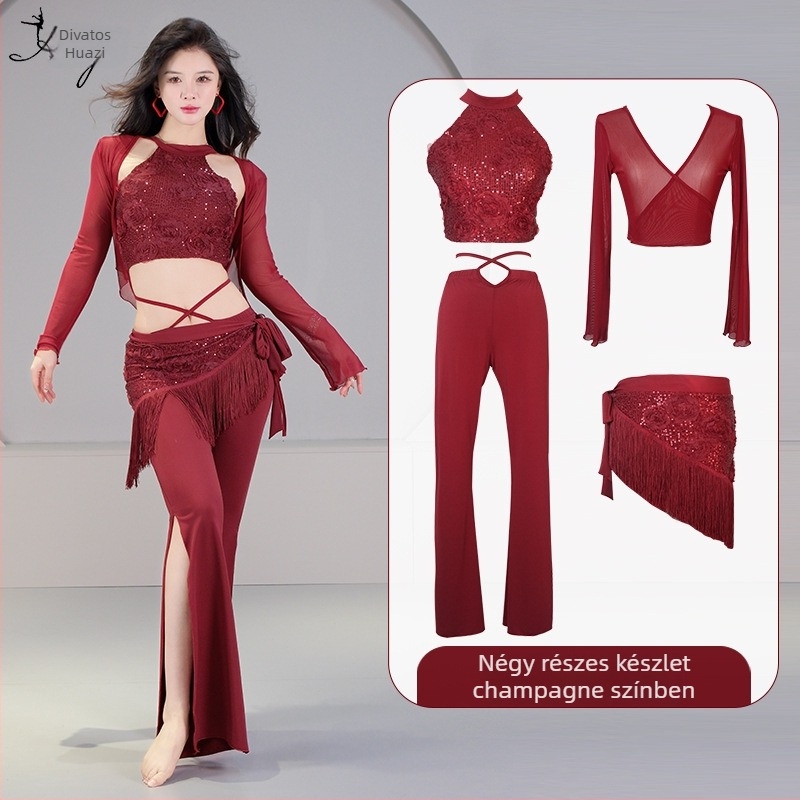 Belly dance jelmez szett 3D pailettes virággal, kristályos pamut és háló, fő anyag spandex, 2023 nyár, 25–29 éves nőknek