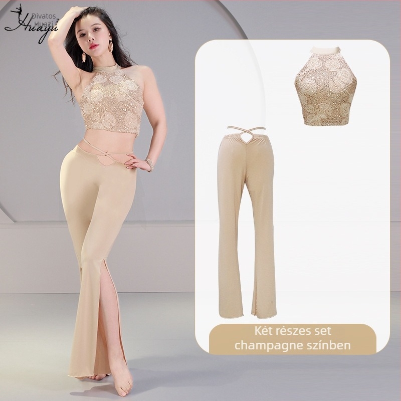 Belly dance jelmez szett 3D pailettes virággal, kristályos pamut és háló, fő anyag spandex, 2023 nyár, 25–29 éves nőknek