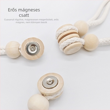 Pár függönyhurok pamutszövet és fa gyöngyökkel, mágneses kapocs a függönyhöz, tároló klipek