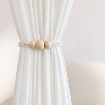 Pár függönyhurok pamutszövet és fa gyöngyökkel, mágneses kapocs a függönyhöz, tároló klipek