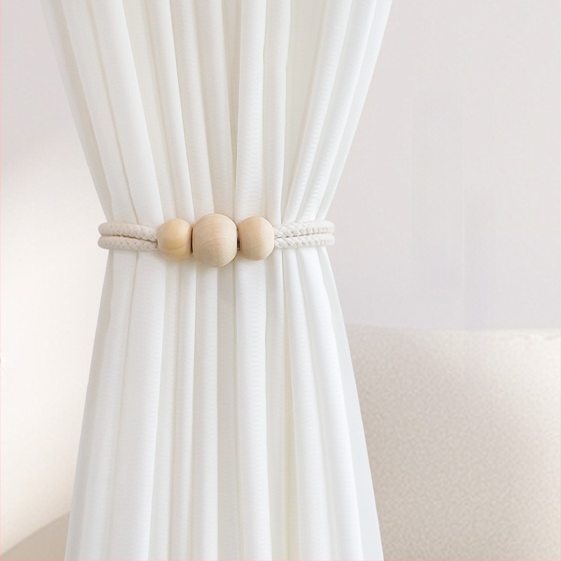 Pár függönyhurok pamutszövet és fa gyöngyökkel, mágneses kapocs a függönyhöz, tároló klipek