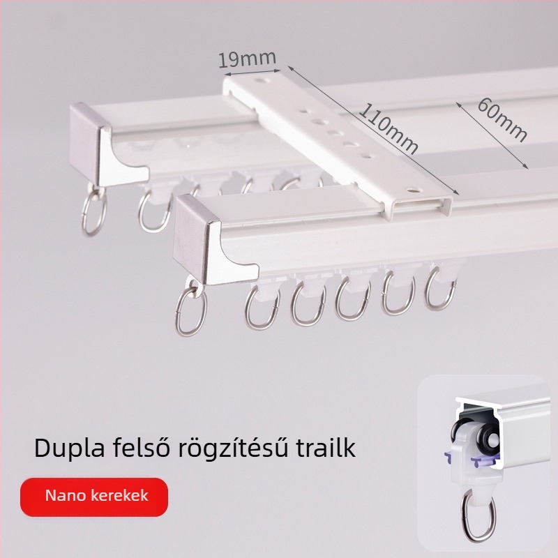 Alumínium ötvözetű függöny sín, csendes működés, felső- és oldalsó szerelés, egy- és kettős csúszású sín, egyenes sín