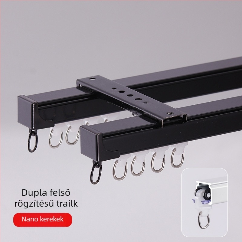 Alumínium ötvözetű függöny sín, csendes működés, felső- és oldalsó szerelés, egy- és kettős csúszású sín, egyenes sín