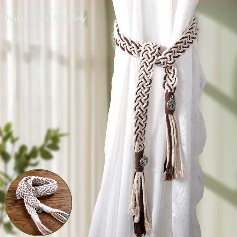 Függönyökhöz pántok tassellákkal, kézzel szőtt vastag kötélből, anyag: szövet, egyszerű, modern stílus