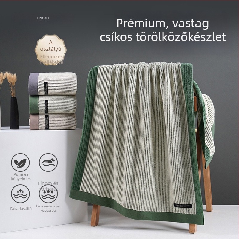 Prémium vastag, csíkos törölközőkészlet – arc- és törölköző, három darabos készlet díszdobozban