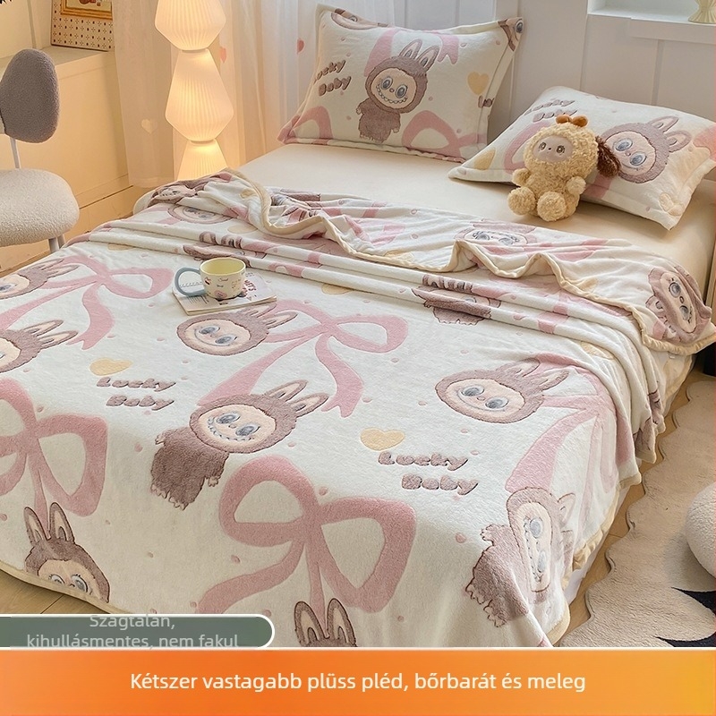 Hópelyhes plüss takaró — flanel anyagból, 500–800 g, rajzfilm mintával, őszi-téli használatra