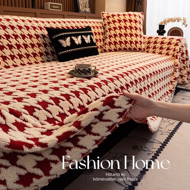 Háromüléses kanapé törölköző — Shu bársony, Houndstooth mintázat, minimalistikus modern stílus, huzat/védő takaró kanapéhoz