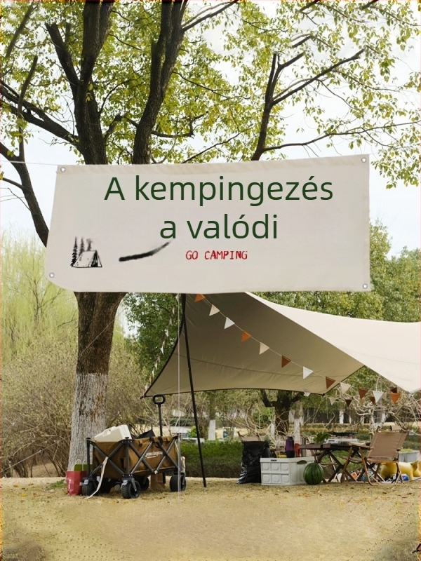 Kültéri kempingezés szöveges tapéta piknikekhez és tavaszi kirándulásokhoz — dekoratív vízszintes függöny a hangulat fokozásához