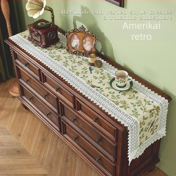 Amerikai virágos jacquard asztali zászló, retro csipkés szegéllyel, luxus asztali futó nappaliba vagy hálószobába; fő anyag: 90% poliészter; csipke poliészter; minta: virág