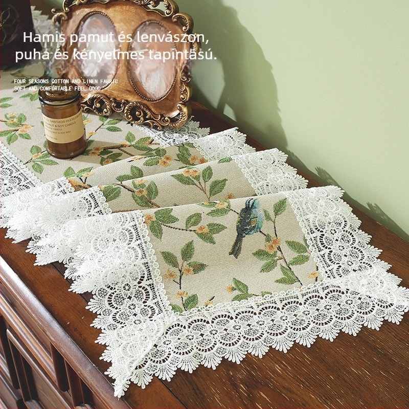 Amerikai virágos jacquard asztali zászló, retro csipkés szegéllyel, luxus asztali futó nappaliba vagy hálószobába; fő anyag: 90% poliészter; csipke poliészter; minta: virág