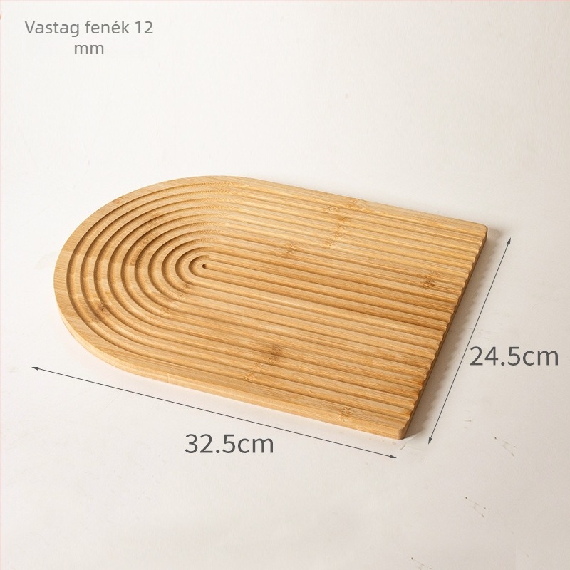 Bambusz teás tálca szabálytalan élű víz-hullámmotívummal, modern minimalista dizájn, teához, kávéhoz, kenyérhez és süteményekhez